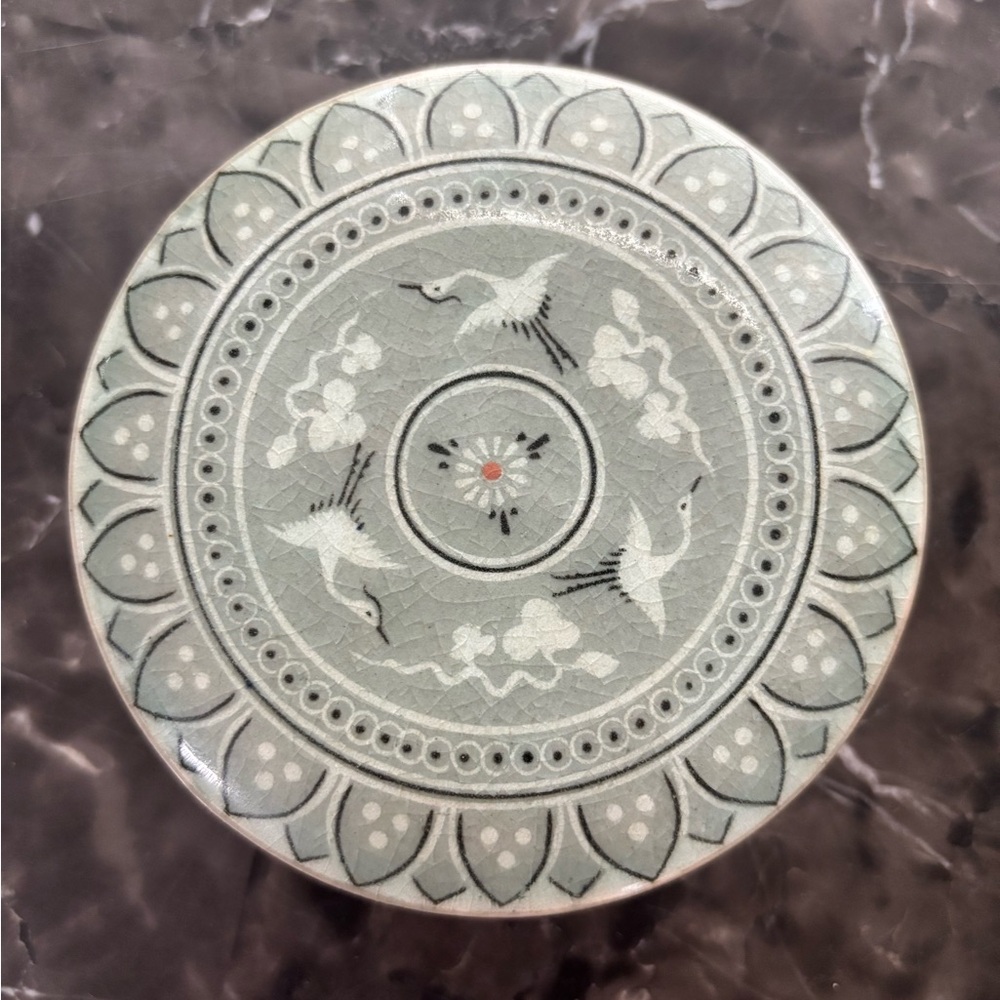 Hand made Korean Oriental Ceramic Trinket Box with Crane Motif in Sage Green